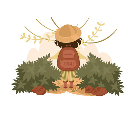 Little Girl in the Jungle Standing with Backpack Exploring Tropical Environment Vector Illustrationのイラスト素材