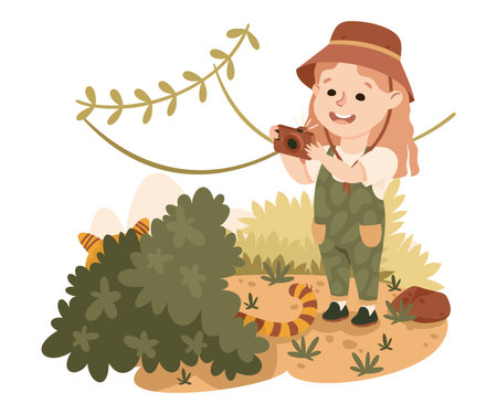 Little Girl in the Jungle Exploring Tropical Environment Taking Photo of Wild Animal Hiding Behind Bush Vector Illustrationのイラスト素材