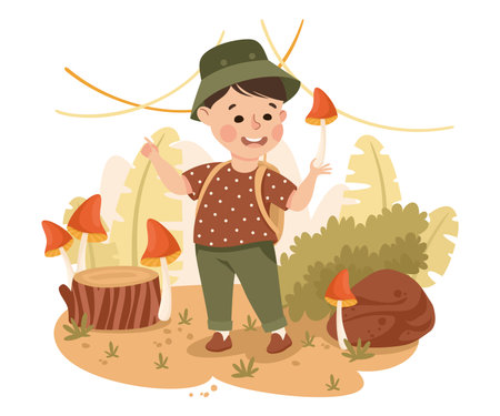 Little Boy in the Jungle Holding Mushroom with Red Cap Exploring Tropical Environment Vector Illustrationのイラスト素材