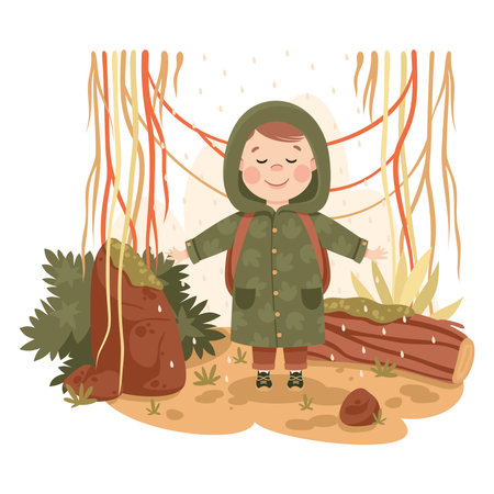 Little Boy in the Jungle Enjoying Rain Falling Exploring Tropical Environment Vector Illustrationのイラスト素材