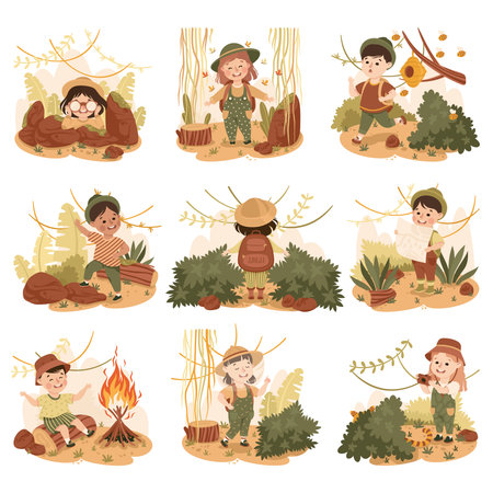 Little Children in the Jungle Looking in Binoculars Exploring and Examining Map Tropical Environment Vector Illustration Setのイラスト素材