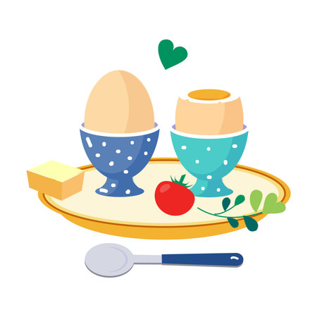 Boiled Egg in Cup and Tomato as Tasty Breakfast or Brunch with Typical Food Vector Illustrationのイラスト素材