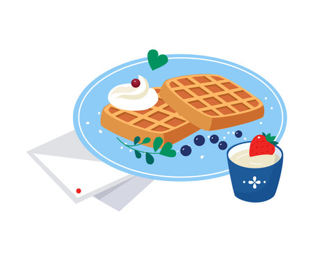 Waffles with Whipped Cream and Berry on Plate as Tasty Breakfast or Brunch with Typical Food Vector Illustrationのイラスト素材