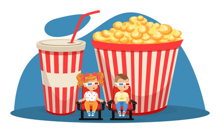 Little Kids in 3D Glasses Sitting and Watching Movie with Huge Popcorn and Coke Behind Vector Illustrationのイラスト素材