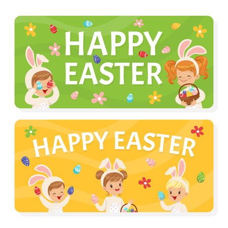 Joyful Children in Bunny Costume Holding Easter Basket and Painted Fggs for Holiday Vector Illustrationのイラスト素材