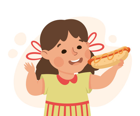 Cute little girl eating hot dog. Happy kid eating fast food cartoon vector illustrationのイラスト素材