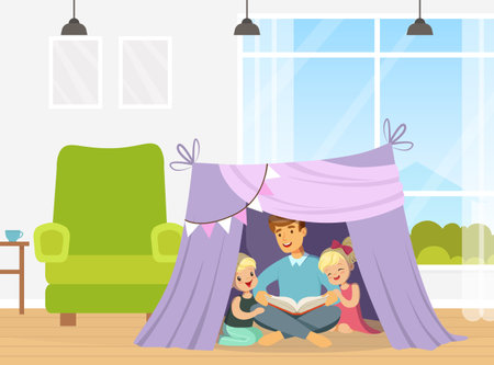 Cute Boy and Girl Sitting in Tent with Dad and Reading Book Vector Illustrationのイラスト素材