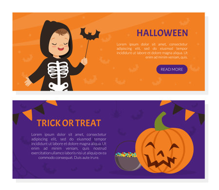 Landing Page with Funny Boy Dressed in Halloween Skeleton Costume and Pumpkin Vector Templateのイラスト素材