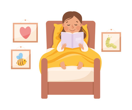 Little Girl Reading Book in Her Bed Under Blanket Before Night Rest Vector Illustrationのイラスト素材