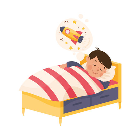 Little Boy Sleeping in His Bed Under Blanket Dreaming of Rocket Having Night Rest Vector Illustrationのイラスト素材