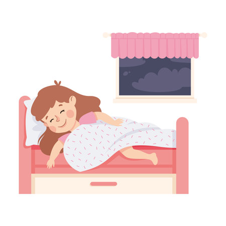 Little Girl Sleeping in Her Bed Under Blanket Having Night Rest Vector Illustrationのイラスト素材