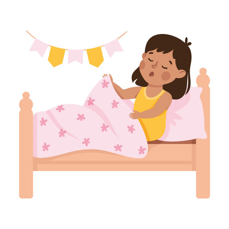 Little Girl Yawning in Her Bed Under Blanket Having Night Rest Vector Illustrationのイラスト素材