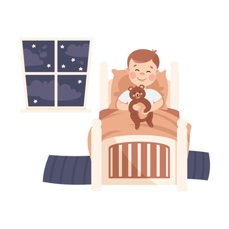 Little Boy in His Bed Under Blanket with Teddy Bear Having Night Rest Vector Illustrationのイラスト素材
