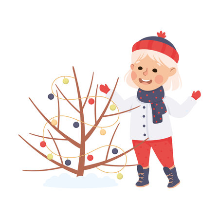 Cute little girl wearing warm winter clothes decorating tree with garland. Happy kid celebrating Christmas cartoon vector illustrationのイラスト素材