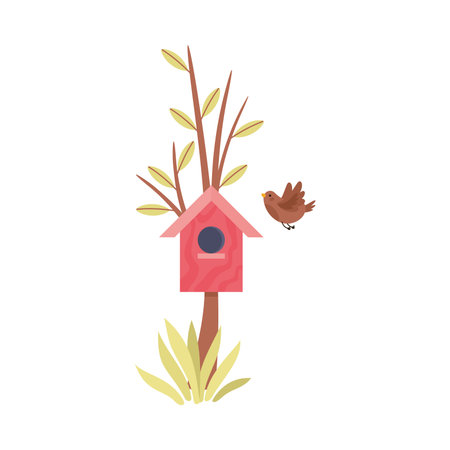Bird and bird house on branch, spring season symbol cartoon vector illustrationのイラスト素材