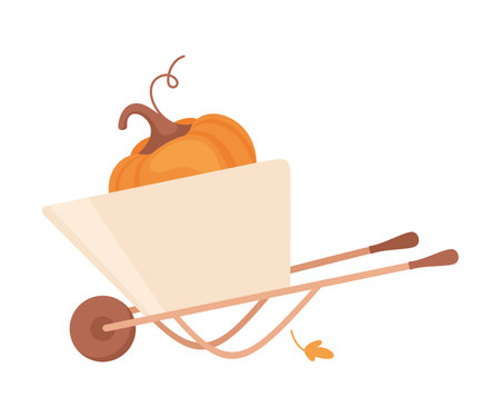 Wheelbarrow with pumpkin, autumn season symbol cartoon vector illustrationのイラスト素材