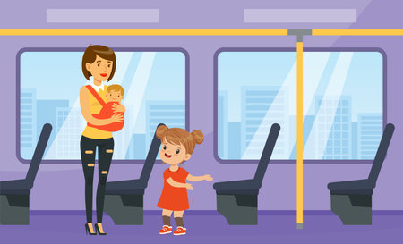 Polite little girl offering seat in transport to young woman with baby. Well mannered kid, good manners and respect cartoon vectorのイラスト素材