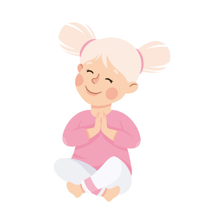 Little Girl Praying Sitting on the Floor with Bended Knees Vector Illustrationのイラスト素材