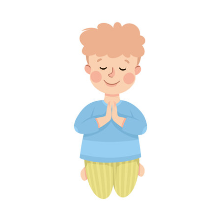 Little Boy Praying Sitting on the Floor On His Knees Vector Illustrationのイラスト素材
