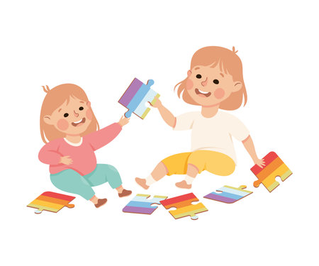 Happy girls putting puzzle. Joyful elder and little sisters playing together cartoon vector illustrationのイラスト素材