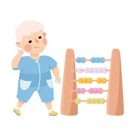 Joyful little boy counting on wooden abacus. Happy kid playing toys cartoon vector illustrationのイラスト素材