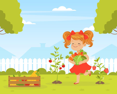 Cute Little Girl Carrying Vegetable in Wooden Crate Gardening Vector Illustration.のイラスト素材