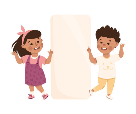 Happy boy and girl standing with white empty banner, board, placard vector illustrationのイラスト素材