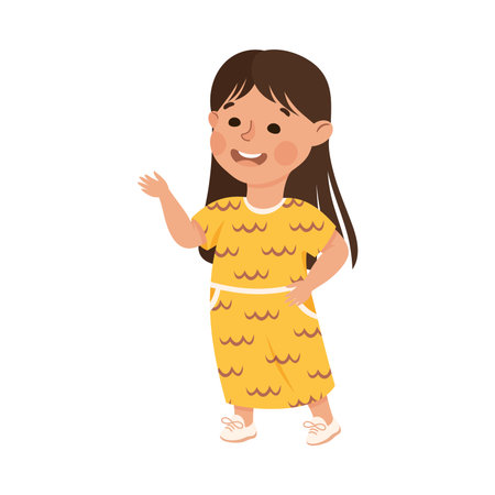 Happy brunette little girl in casual outfit doing welcoming gesture vector illustrationのイラスト素材