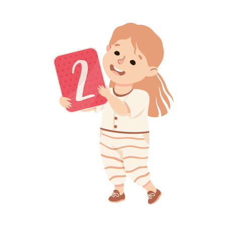 Cute preschool little girl learning numbers and showing number two cartoon vector illustrationのイラスト素材