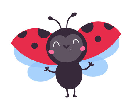 Cute funny flying ladybug. Little ladybird insect mascot cartoon vector illustrationのイラスト素材