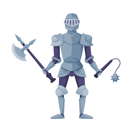Medieval armored knight. Ancient warrior with battle axe and mace vector illustrationのイラスト素材