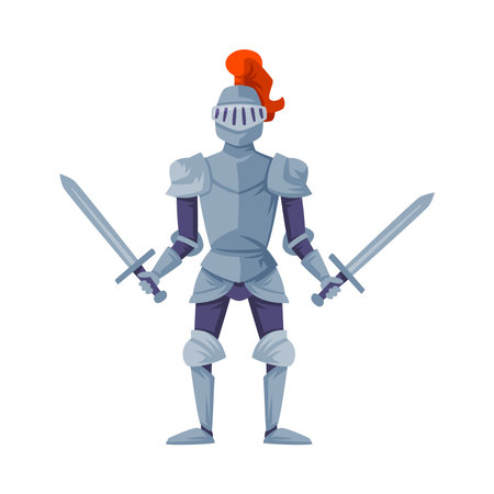 Medieval armored knight holding two swords ready to joust vector illustrationのイラスト素材