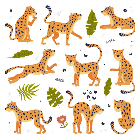 Cute baby leopards set. Beautiful wild predator jungle animals cartoon vector illustrationのイラスト素材