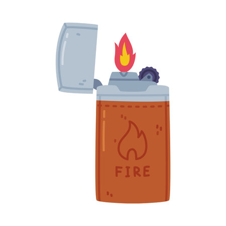 Steel Lighter in Leather Case as Portable Device for Igniting Cigarette and Generating Flame Vector Illustrationのイラスト素材