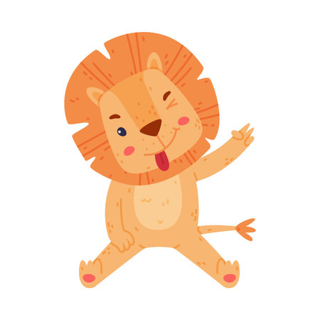Funny Lion Character with Mane Winking and Sticking Out Tongue Vector Illustrationのイラスト素材