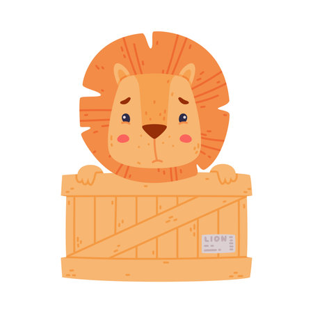 Funny Lion Character with Mane Sitting in Wooden Crate with Sad Face Vector Illustrationのイラスト素材