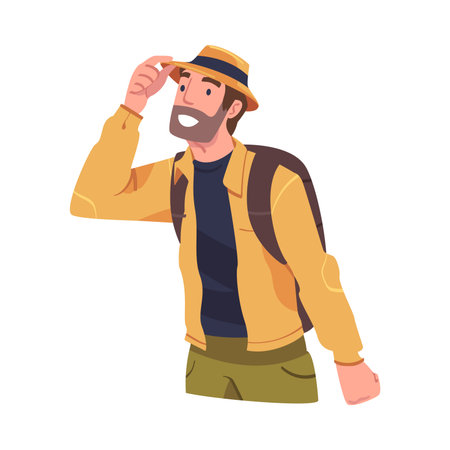 Young Bearded Man Engaged in Local Tourism Wearing Backpack and Hiking Vector Illustrationのイラスト素材