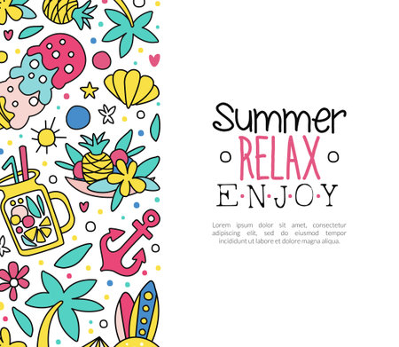 Colorful Summer Vacation Card Design with Doodle Object Vector Templateのイラスト素材