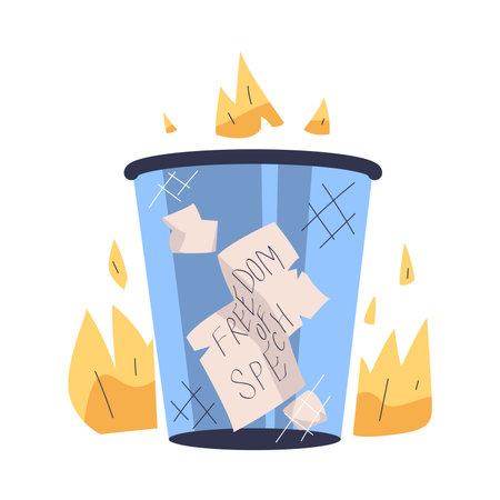 Prohibition of Independent Media with Paper in Dustbin in Flame Vector Illustrationのイラスト素材