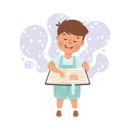 Cute Boy Standing and Reading Open Book and Dreaming Vector Illustrationのイラスト素材