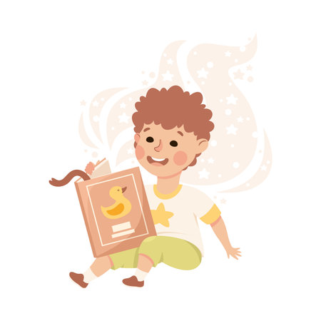 Cute Boy Sitting Reading Open Book and Dreaming Vector Illustrationのイラスト素材
