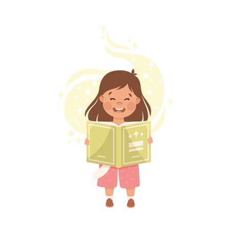 Cute Girl Standing and Reading Open Book and Dreaming Vector Illustrationのイラスト素材