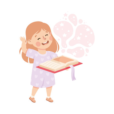 Cute Girl Standing and Reading Open Book and Dreaming Vector Illustrationのイラスト素材