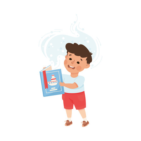 Cute Boy Standing Reading Open Book and Dreaming Vector Illustrationのイラスト素材