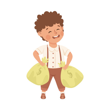 Happy Rich Boy Millionaire with Sack Full of Dollar Banknote Vector Illustrationのイラスト素材