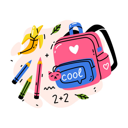 School Supply with Backpack, Banana and Pencils Vector Compositionのイラスト素材