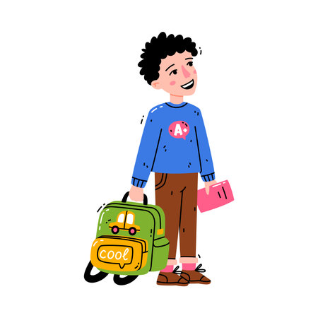 Cute Little School Boy with Backpack Standing Vector Illustrationのイラスト素材