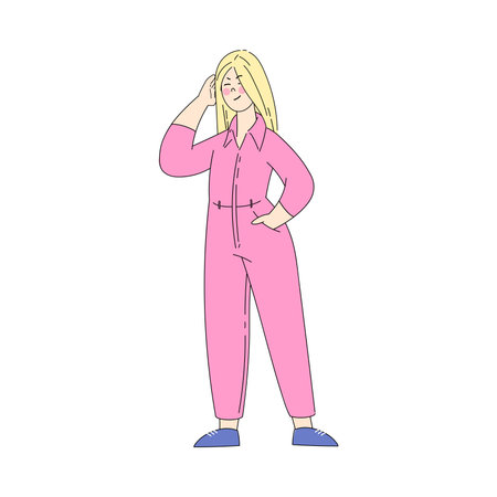 Young Woman Character Standing and Thinking Showing Gesture Vector Illustrationのイラスト素材