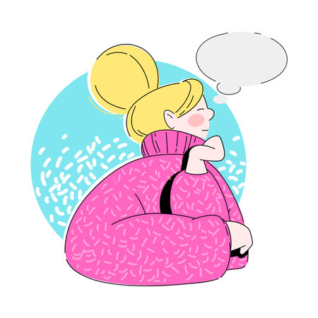 Young Woman Sitting and Thinking with Empty Thought Bubble Vector Illustrationのイラスト素材