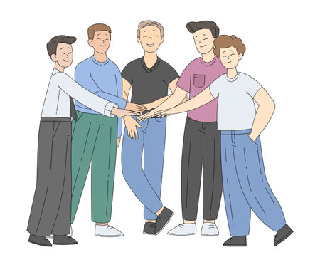Young Man Team Putting Hands Together Gesture Vector Illustrationのイラスト素材